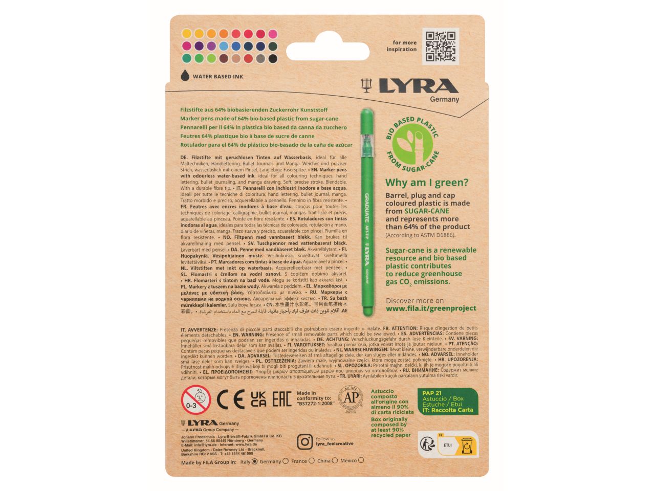 Pennarelli lyra graduate art-tip inodore in plastica bio - la confezione comprende 24 pennarelli