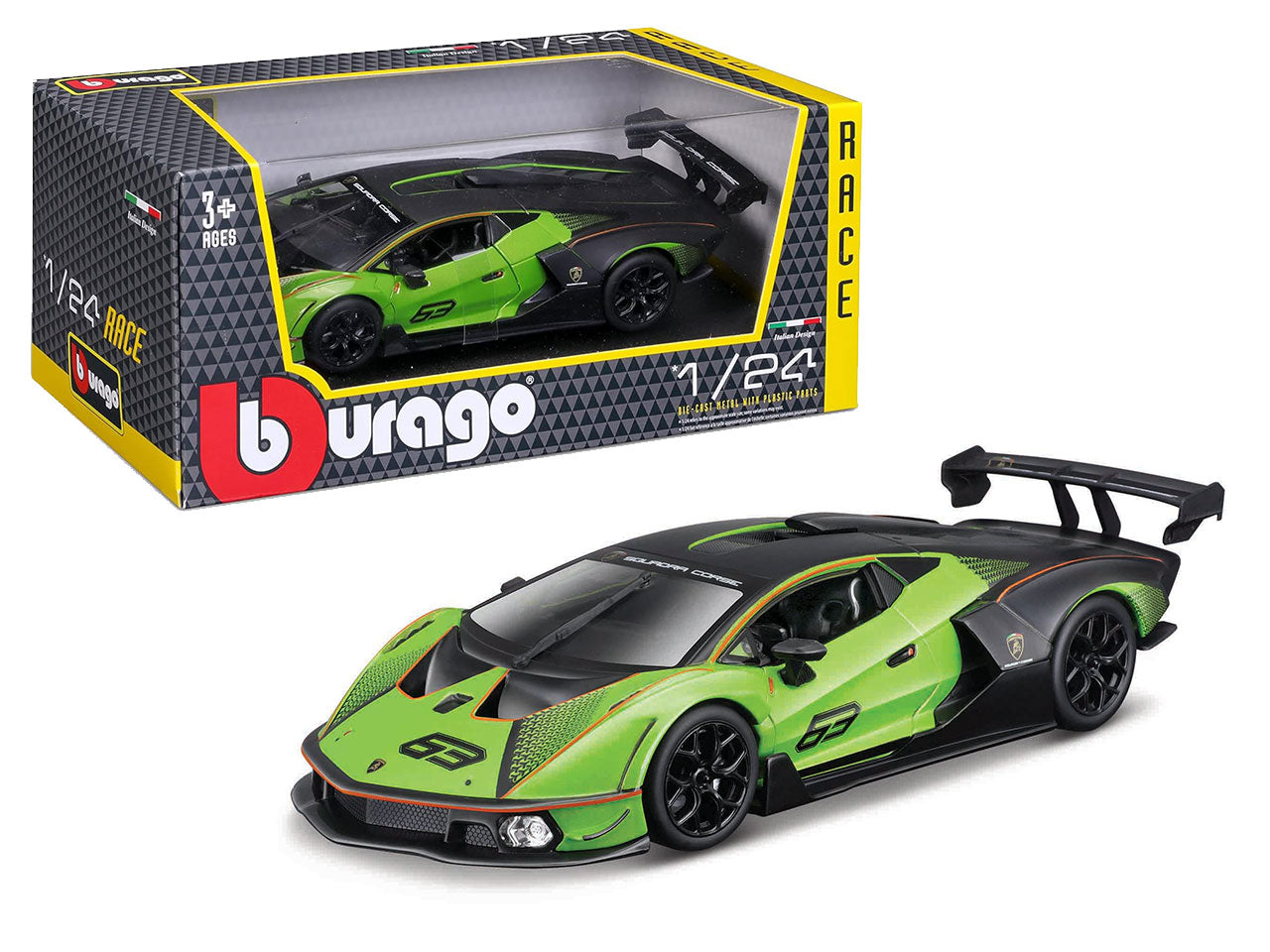 Modellino Auto Lamborghini Essenza SCV12 Race - Scala 1:24: Die-cast Verde e Nero, Licenza Ufficiale Lamborghini, Dettagli Realistici, Dimensioni 10,2x12,45x24,2 cm, Età 3+ | Bburago