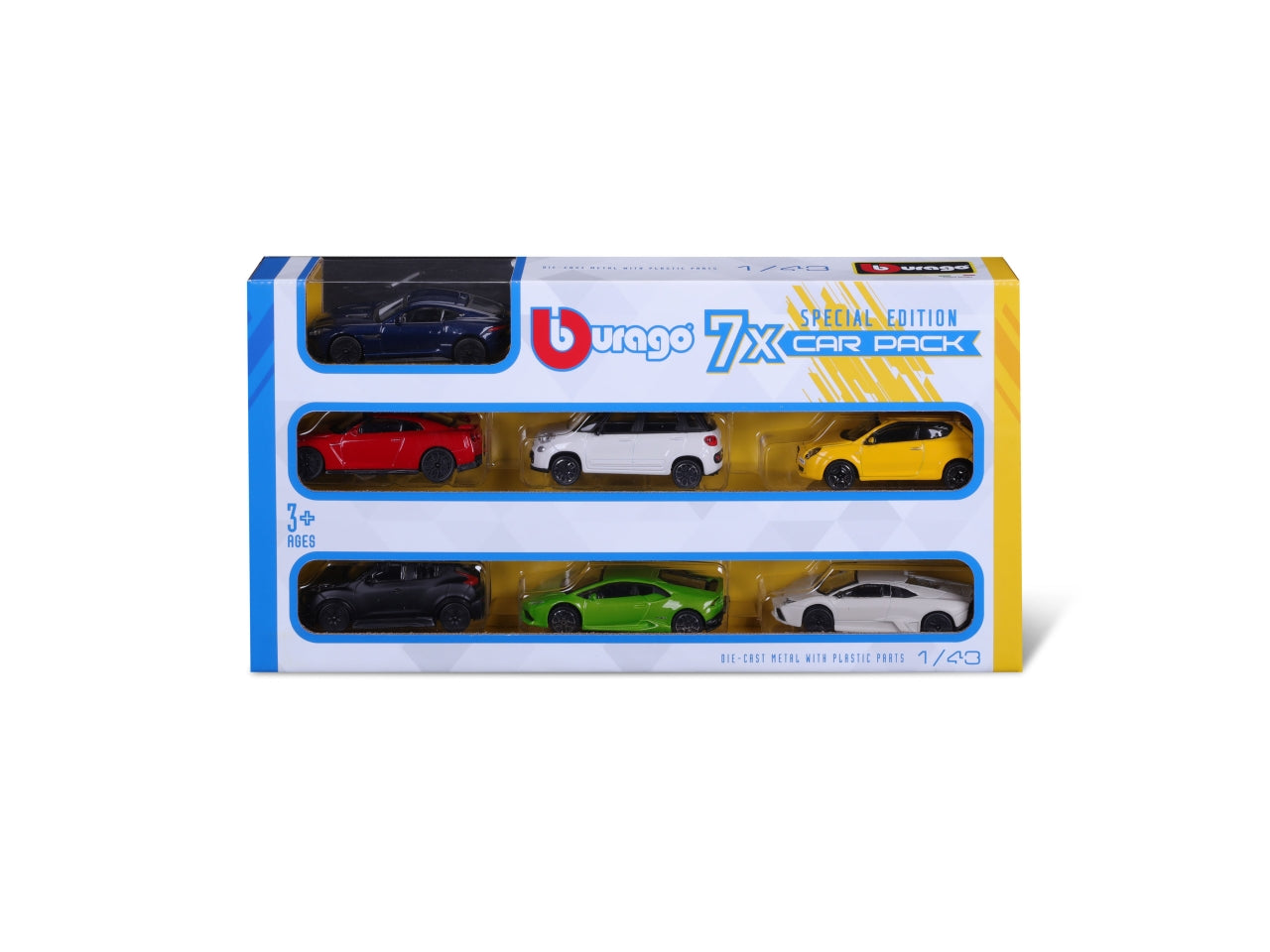 Modellino Auto Street Fire 7-Pack Edition - Scala 1:43: Die-cast, Colori Assortiti, Licenze Ufficiali, Modelli Assortiti, Dimensioni 9x6x38 cm, Confezione con 7 Auto, Età 3+ | Bburago