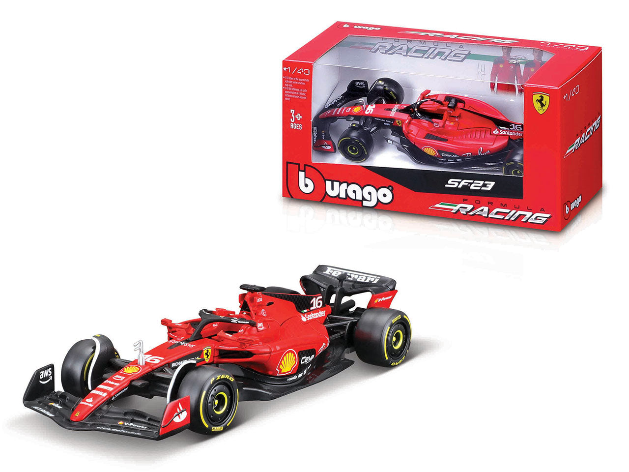 Modellino Auto F1 Burago Ferrari SF-23 #16 Leclerc - Scala 1:43: Die-cast Rosso e Nero, Dettagli Realistici, Licenza Ufficiale Ferrari, Dimensioni 31x23x31 cm, Età 3+ | Bburago