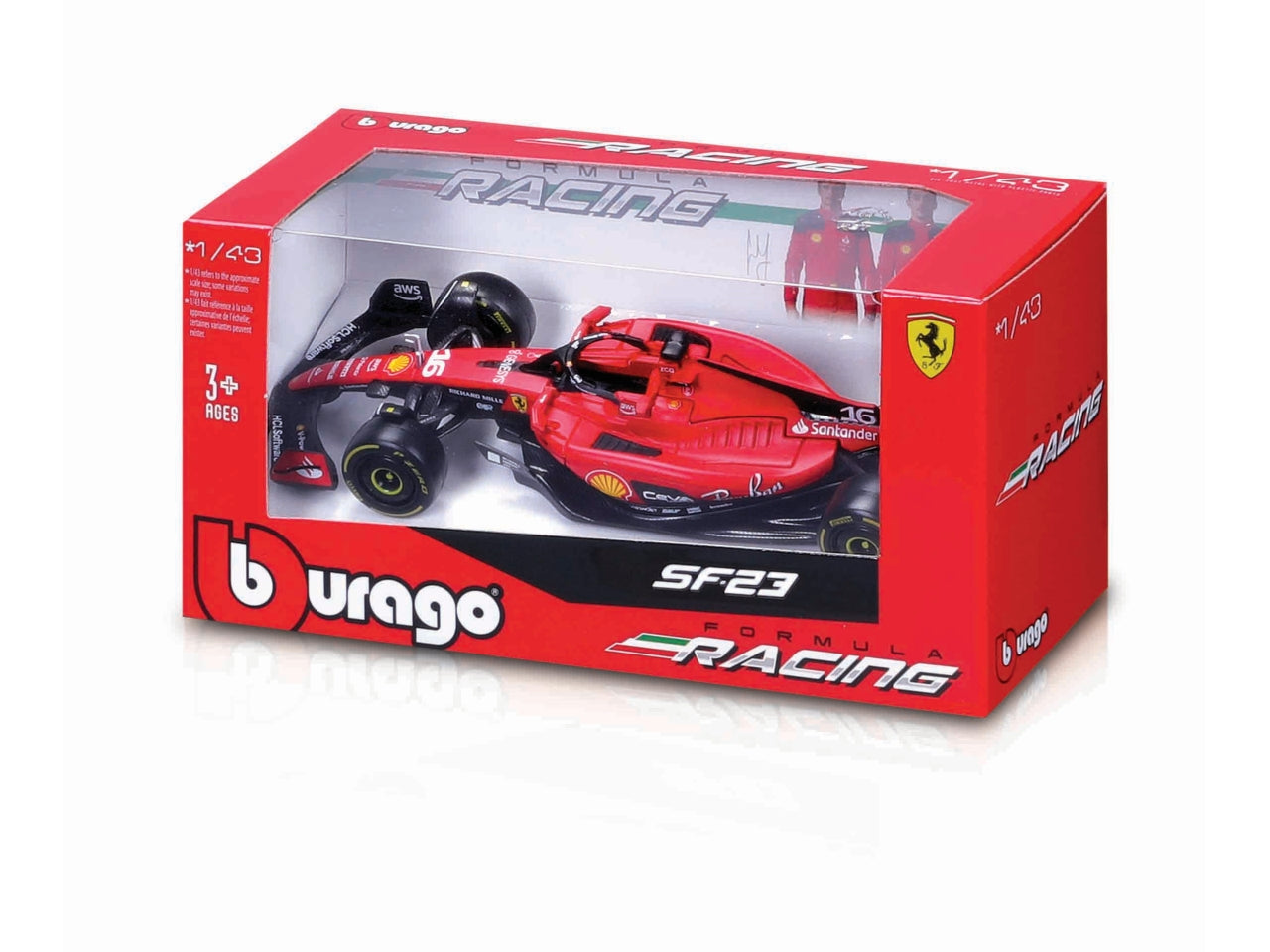 Modellino Auto F1 Burago Ferrari SF-23 #16 Leclerc - Scala 1:43: Die-cast Rosso e Nero, Dettagli Realistici, Licenza Ufficiale Ferrari, Dimensioni 31x23x31 cm, Età 3+ | Bburago