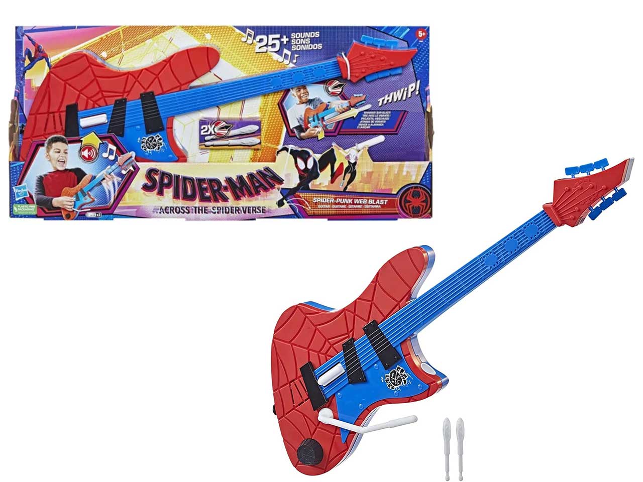 Spiderman chitarra elettronica con 25 suoni sparaproiettili per bambini dai 5+ anni, Marvel hasbro
