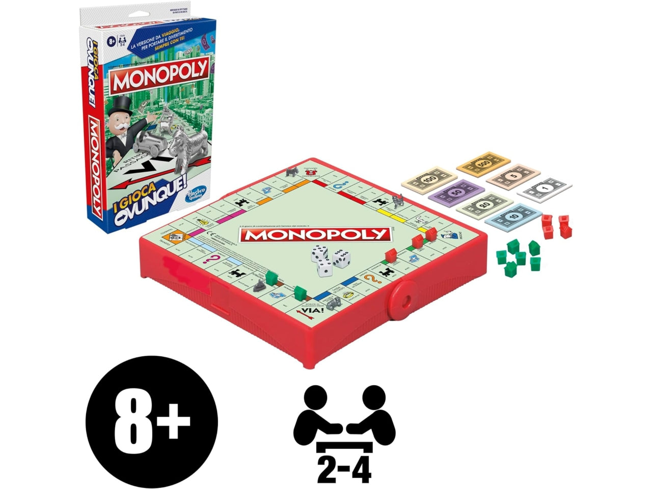 Monopoly, I Gioca Ovunque, gioco per bambini e bambine dagli 8 anni in su, gioco portatile per 2-4 giocatori, gioco da viaggio per bambini e bambine | Hasbro