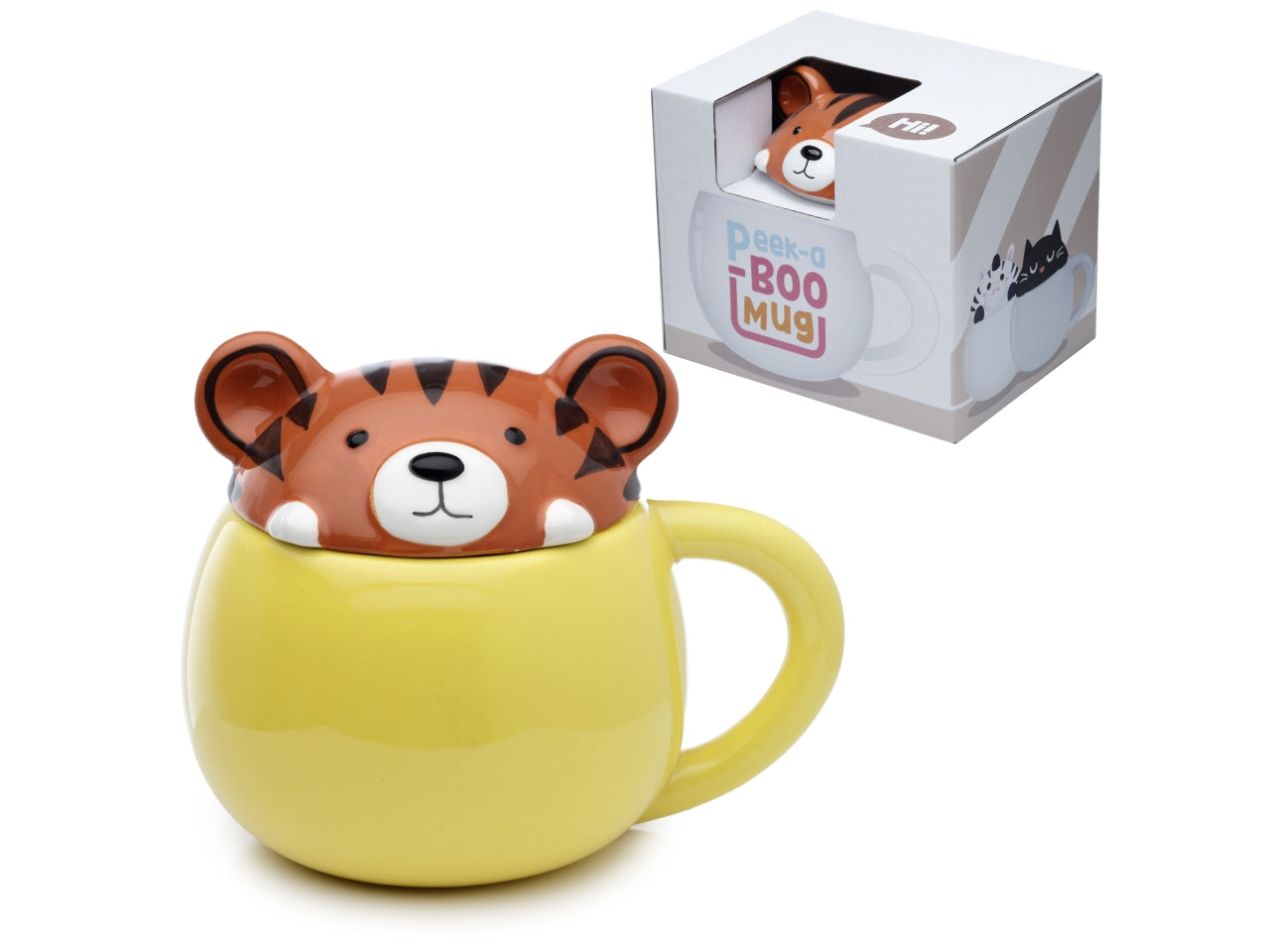 Tazza mug in ceramica con coperchio a forma di testa di tigre gialla marrone - Peek a Boo Mug