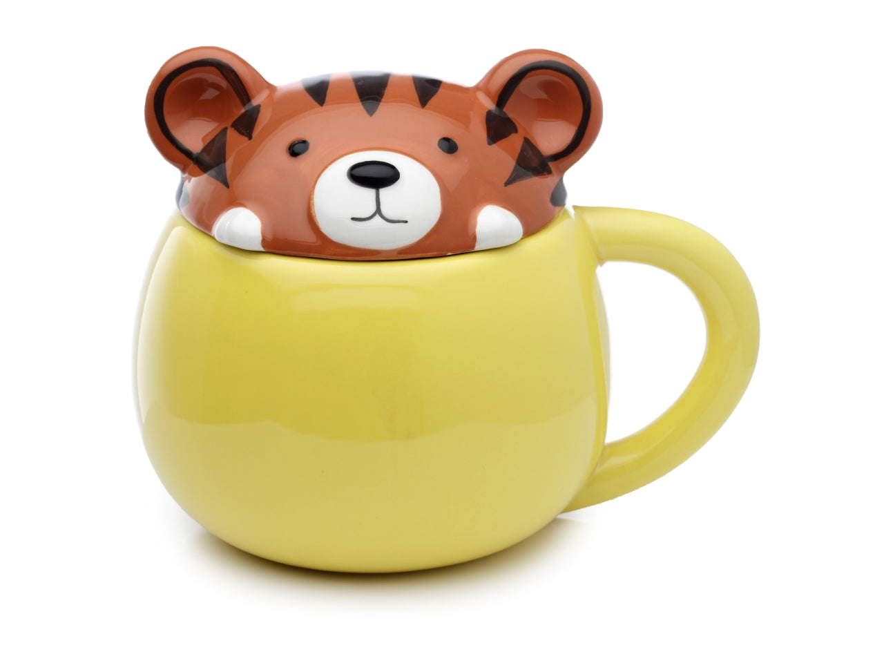 Tazza mug in ceramica con coperchio a forma di testa di tigre gialla marrone - Peek a Boo Mug