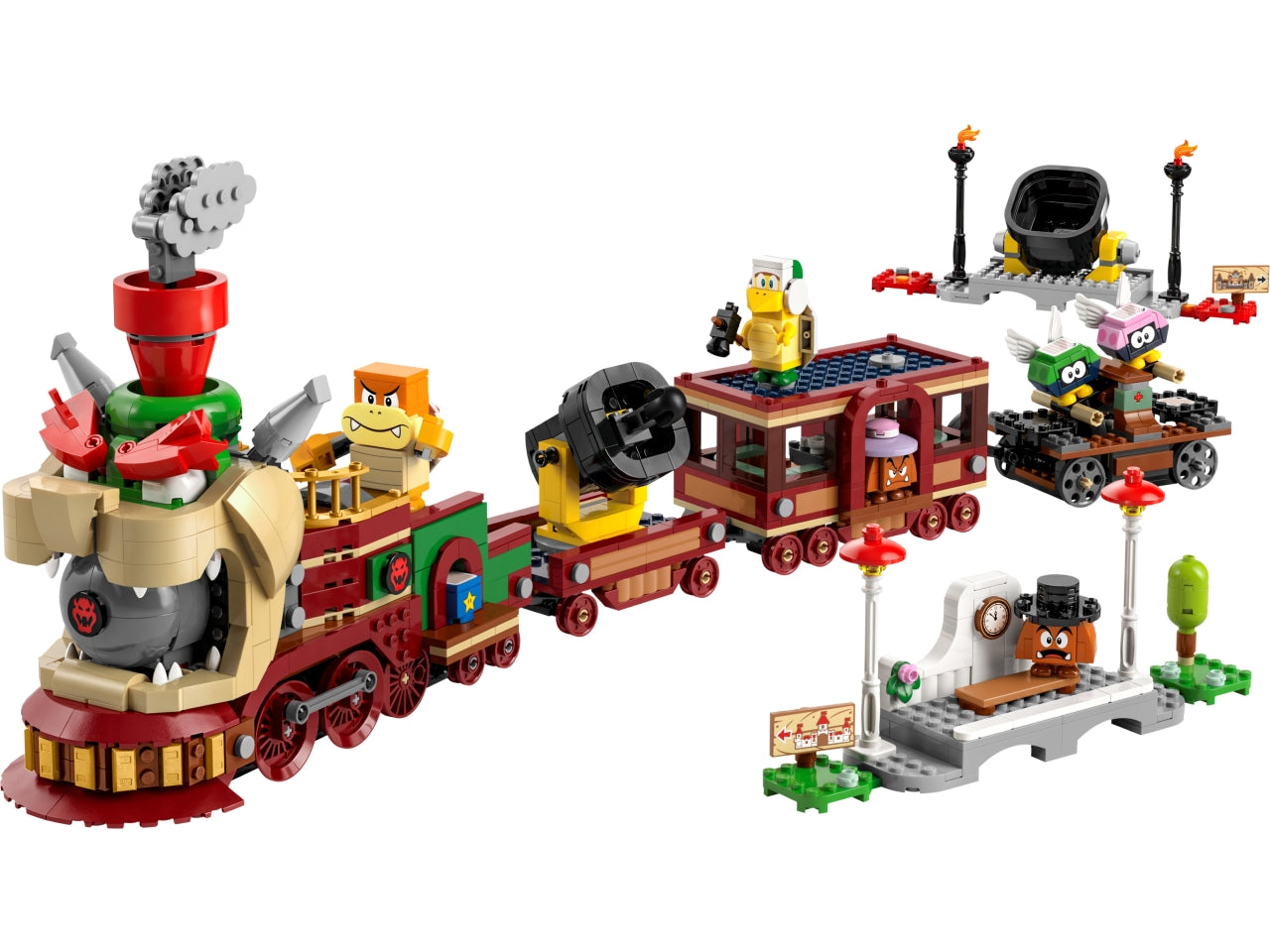 LEGO Super Mario - Treno Bowser Express giocattolo per i bambini: tutti a bordo per tanto divertimento con questo set di gioco, contenente un treno dettagliato, 2 stazioni ferroviarie e un carrello a mano 71437