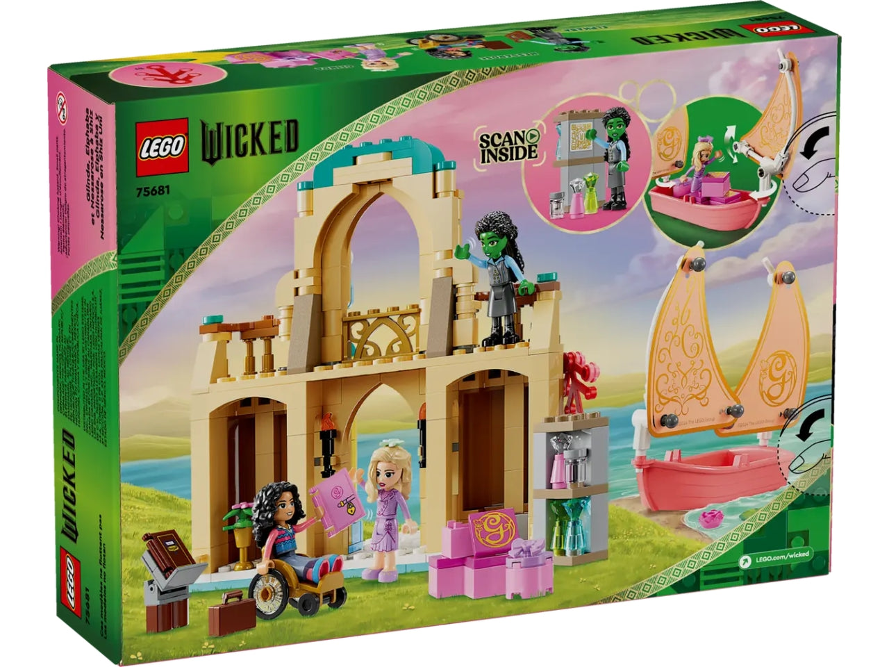 LEGO Wicked Glinda, Elphaba e Nessarose allUniversità di Shiz, Giochi di Fantasia per Bambine e Bambini da 7 Anni con Barca, Casa delle Bambole Giocattolo e 3 Mini Bamboline, Idea Regalo 75681