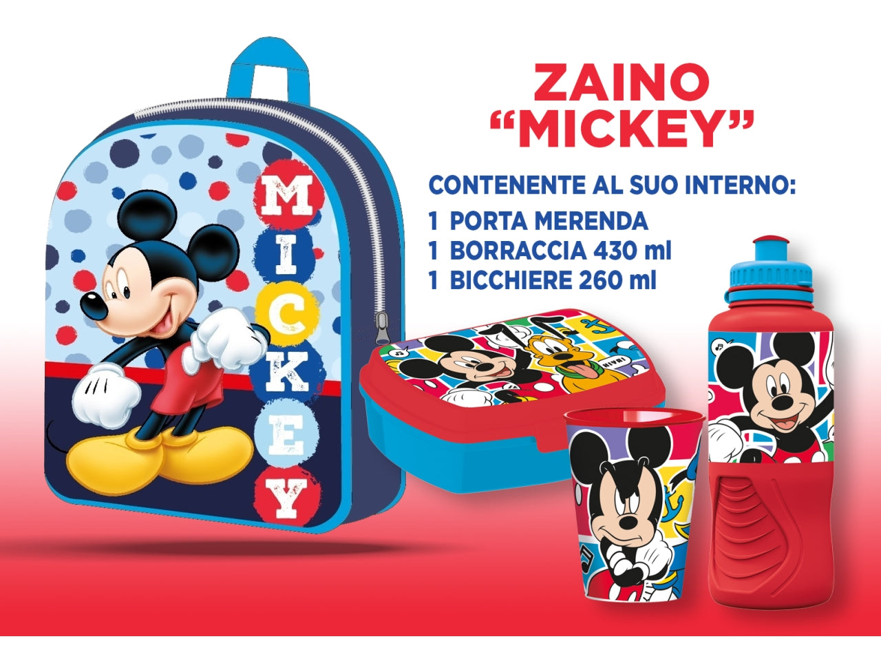 Zainetto asilo Topolino blu rosso azzurro con accessori merenda - Real Trade