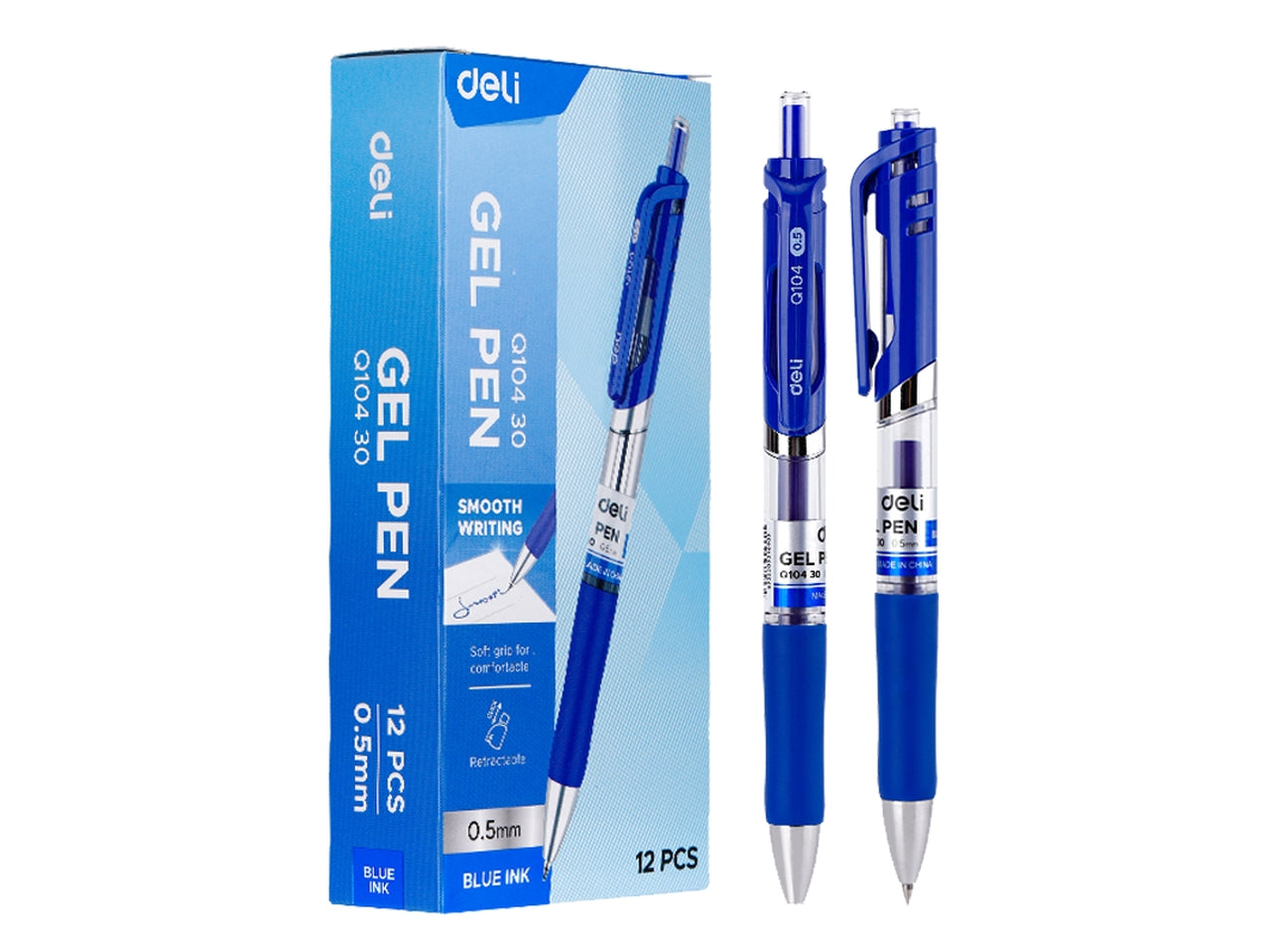 Penna gel blu a scatto Q104 tratto 0,5 mm con clip, confezione da 12 penne - Deli