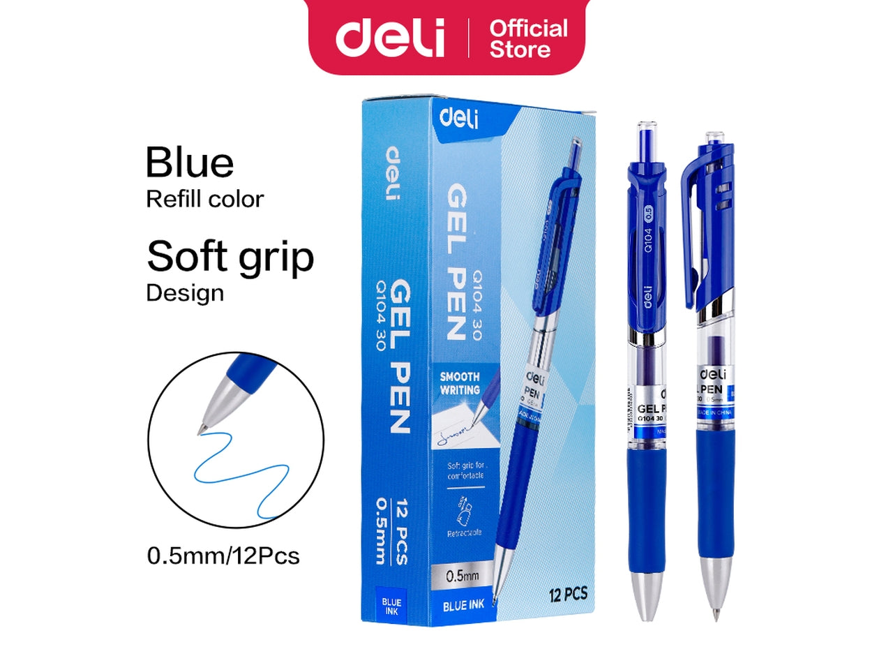 Penna gel blu a scatto Q104 tratto 0,5 mm con clip, confezione da 12 penne - Deli