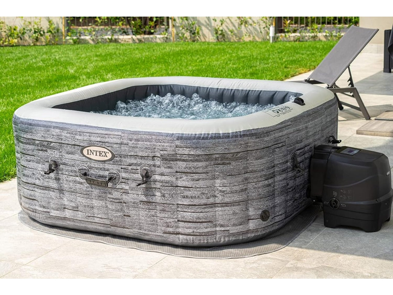 Bubble massage set greystone deluxe 4 posti quadrata con pompa, riscaldatore, sistema di purificazione acqua, 140  getti, telo base, telo copertura, dispenser di cloro