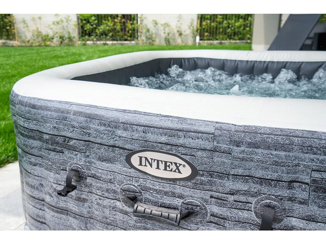 Bubble massage set greystone deluxe 4 posti quadrata con pompa, riscaldatore, sistema di purificazione acqua, 140  getti, telo base, telo copertura, dispenser di cloro