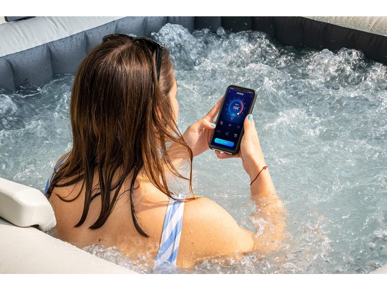 Bubble massage set greystone deluxe 4 posti quadrata con pompa, riscaldatore, sistema di purificazione acqua, 140  getti, telo base, telo copertura, dispenser di cloro