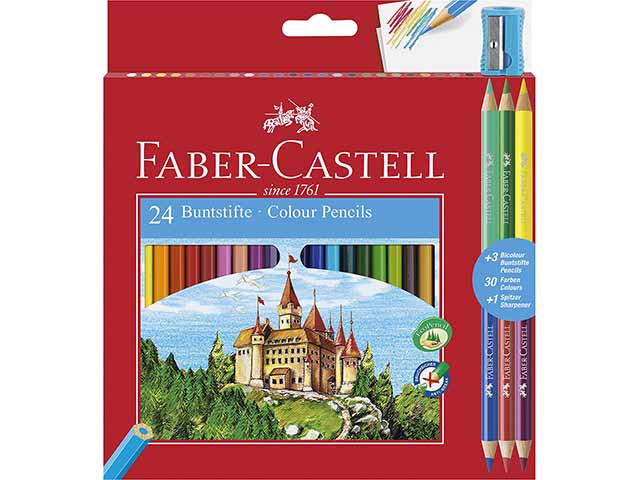 Pastelli esagonali fusto uguale alla mina con 3 matite bicolori, 1 matita di grafite e un temperino colori assortiti Faber Castell