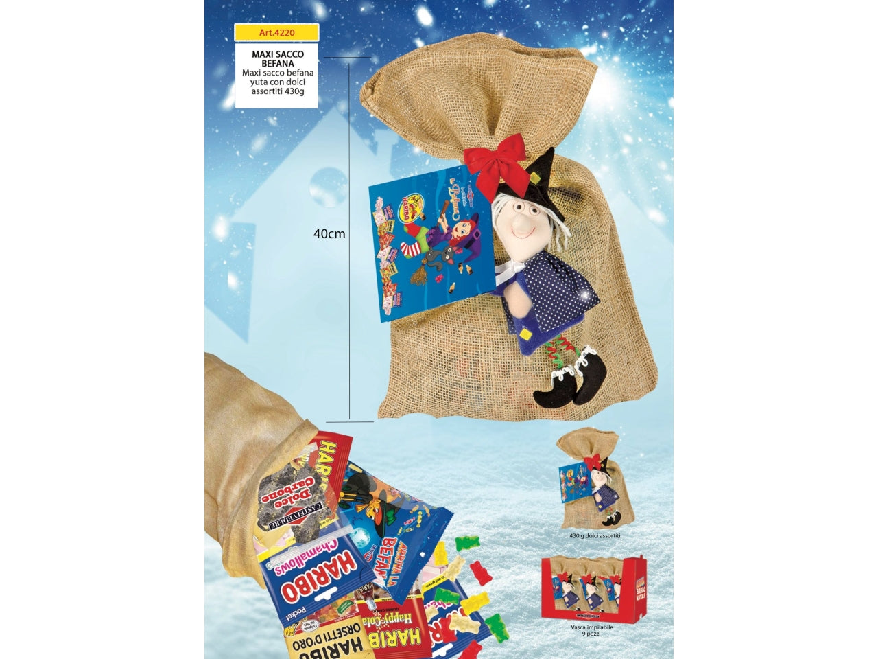 Maxi sacco befana in yuta 40cm con 430gr dolci assortiti