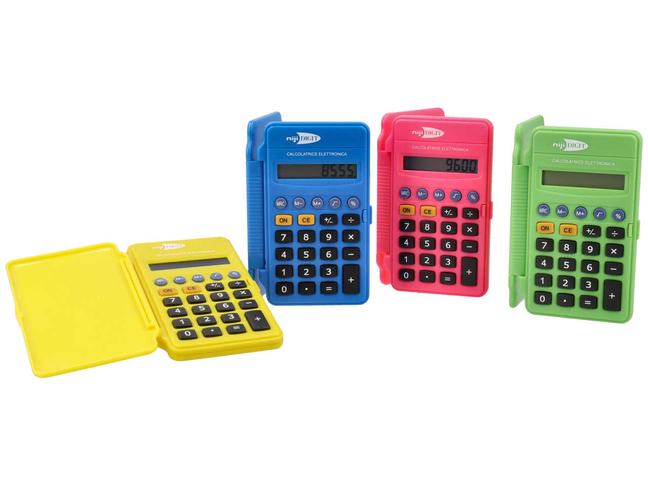 Calcolatrice 8 cifre fluo tascabile in 4 colori fluo con sportellino, a batteria 6,5x10,5 cm - Niji Digit