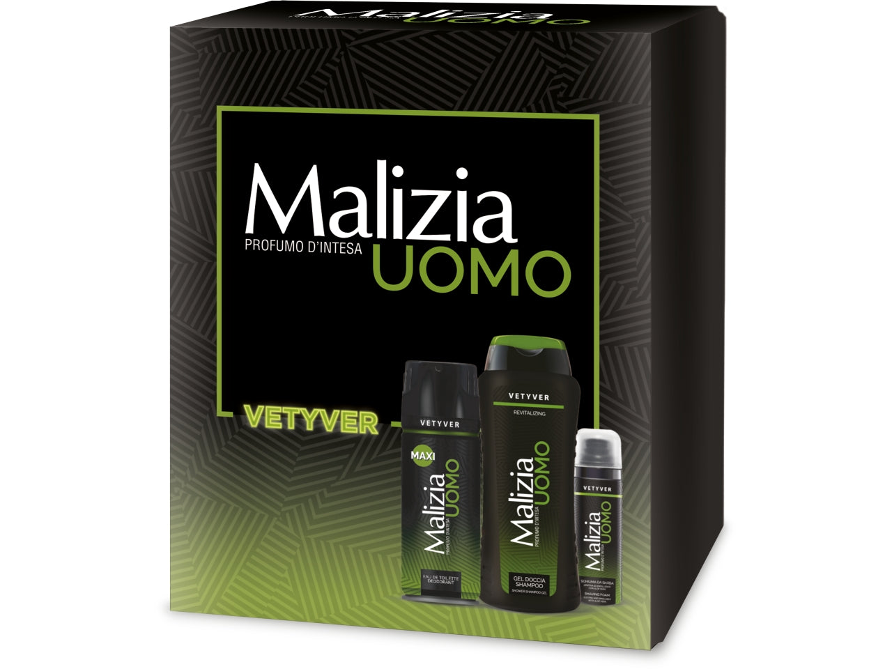 Confezione regalo malizia uomo vetyver il set comprende deodorante vetyver new maxi, schiuma da barba malizia u.vetyver, docciaschiuma malizia u.vetyver, cofanetto nero confezione natale 2023, guaina malizia u.vetyver natale 2023