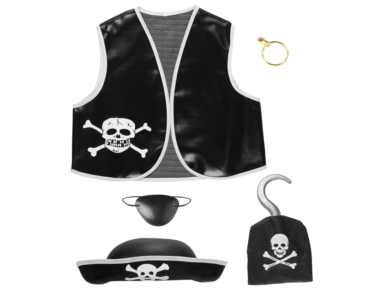 Set da pirata - il set comprende gilet, cappello, benda per occhio, orecchino e uncino