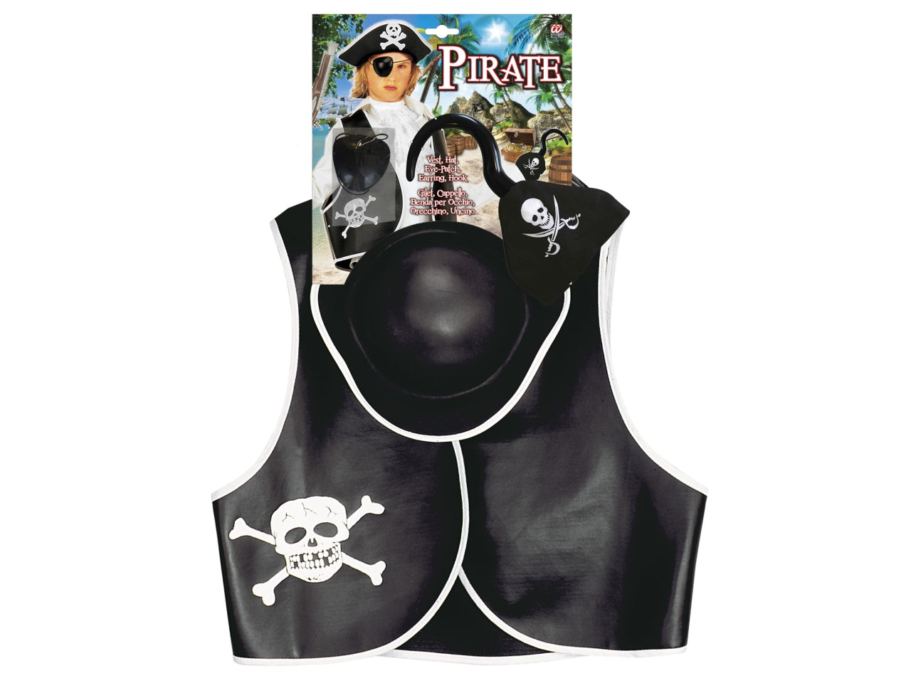 Set da pirata - il set comprende gilet, cappello, benda per occhio, orecchino e uncino