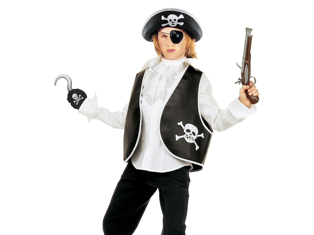 Set da pirata - il set comprende gilet, cappello, benda per occhio, orecchino e uncino