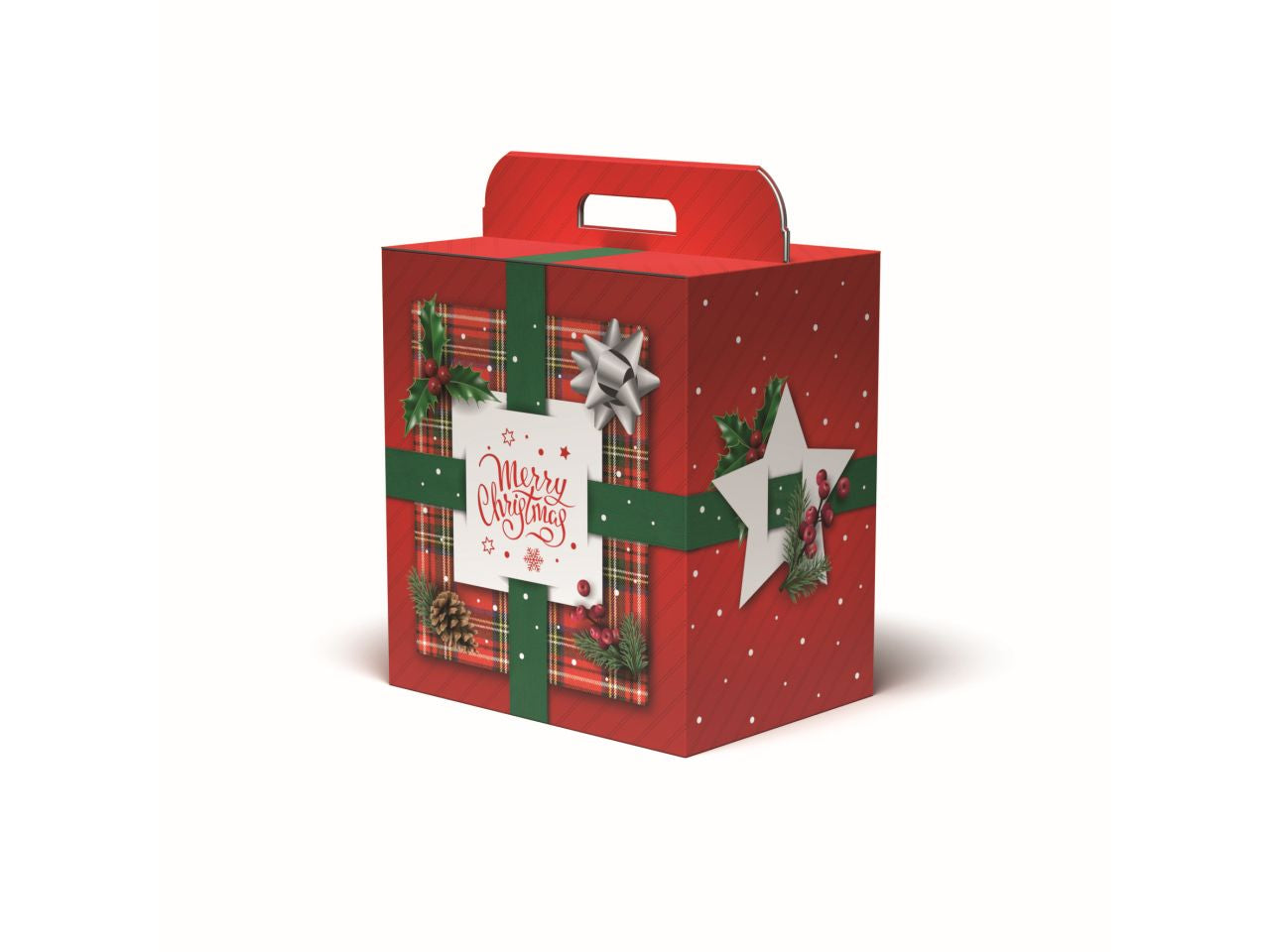 Scatola con maniglia 30,5x23xh.34cm di cartone per confezioni regalo decoro tartan merry christmas