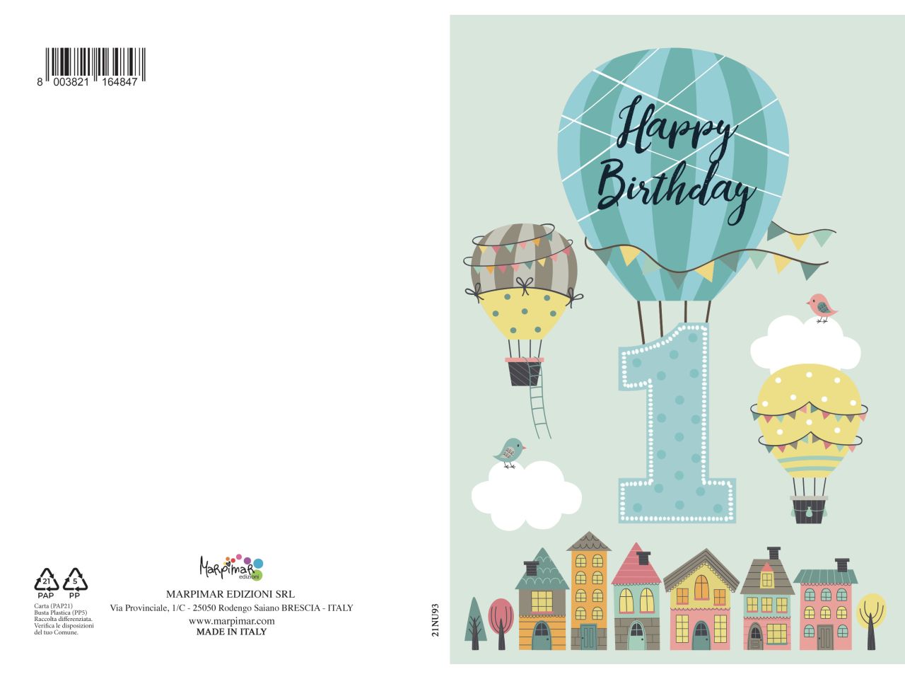 Biglietto auguri buon compleanno 1 anno azzurro con glitter con busta