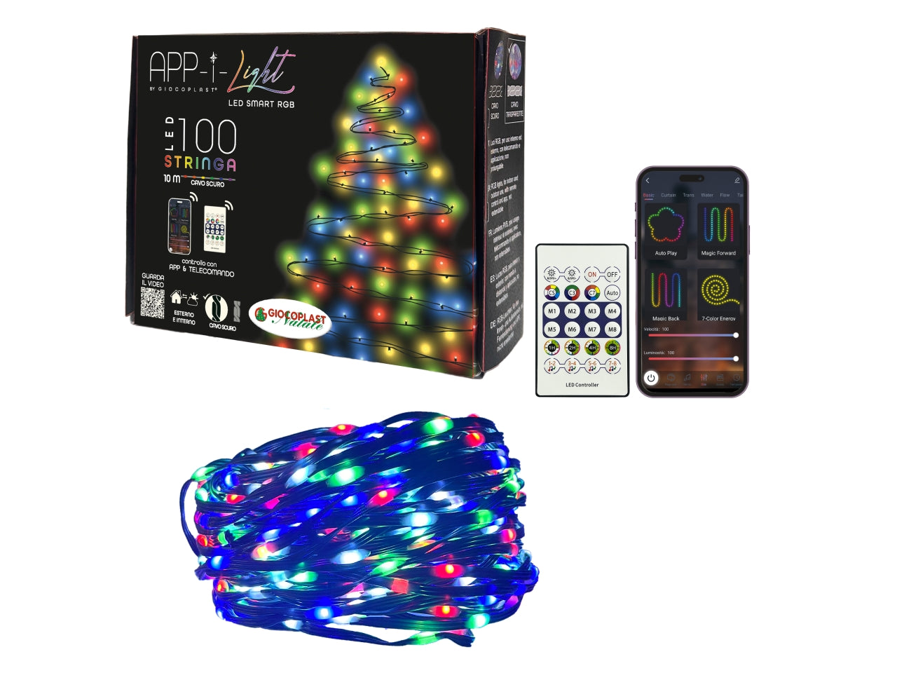 Catena luci 100 led app-i light smart rgb, con telecomando e app, 10 metri, cavo scuro, trasformatore ip44, uso esterno/interno