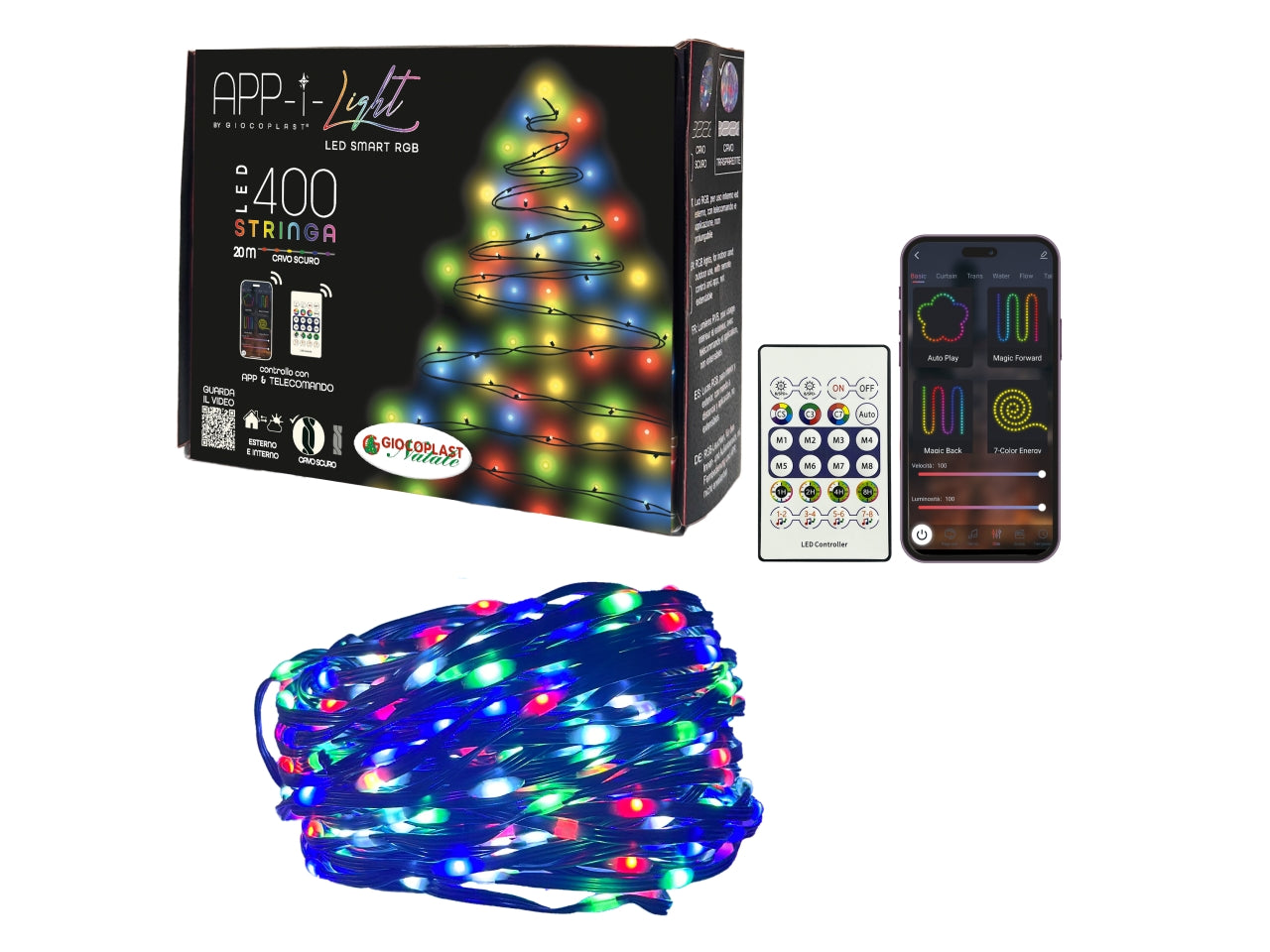 Catena luci 400 led app-i light smart rgb, con telecomando e app, 20 metri, cavo scuro, trasformatore ip44, uso esterno/interno