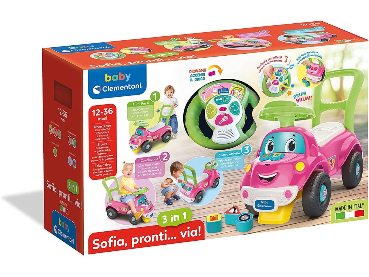 Sofia Pronti Via Macchinina Cavalcabile 3 in 1 Gioco Educativo Parlante con Luci e Suoni - Clementoni