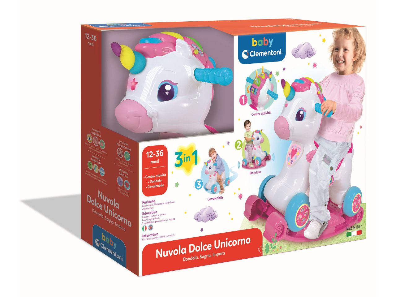 Nuvola Dolce Unicorno Ride On Gioco Educativo 3 in 1 - Clementoni