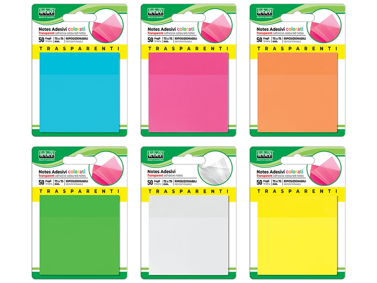Notes adesivi trasparenti colorati 75x75mm riposizionabili - blocchetto da 50 fogli notes