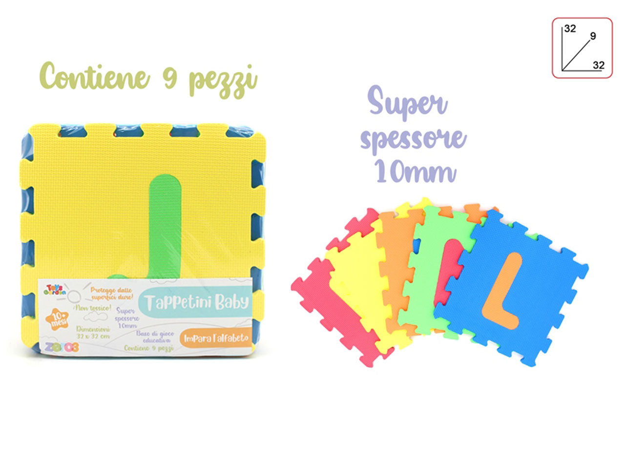 Zero3 tappetini puzzle con 9 pezzi e lettere misura 32cm