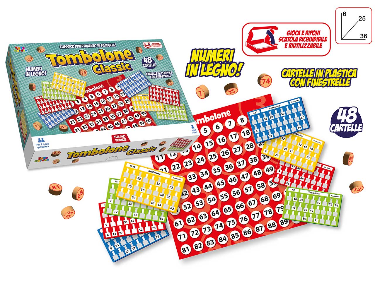 Tombola con 48 cartelle automatiche e numeri in legno