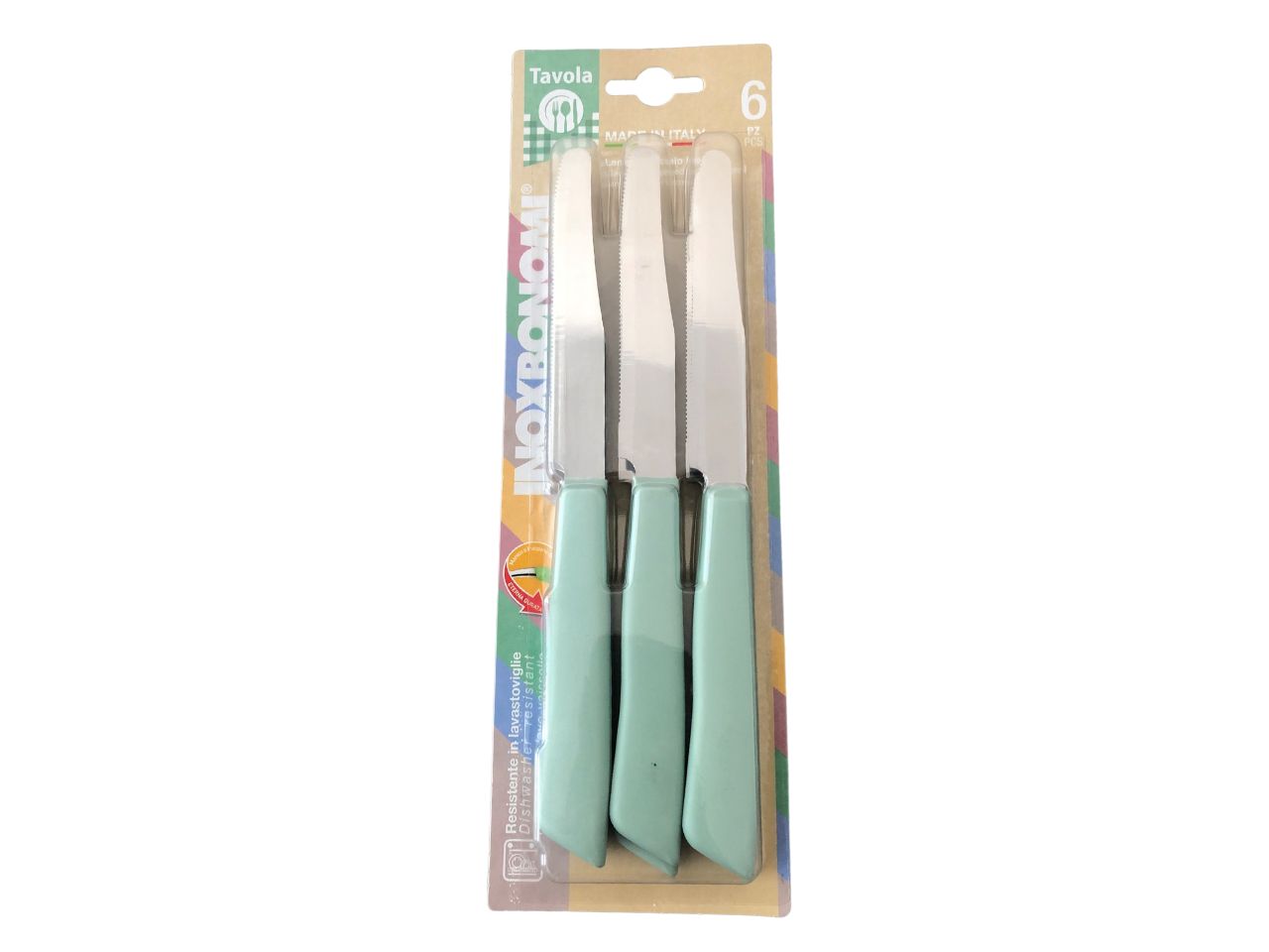 Set 6 coltelli da tavola verde pastello con lama in acciaio inossidabile e manico in plastica - Inoxbonomi
