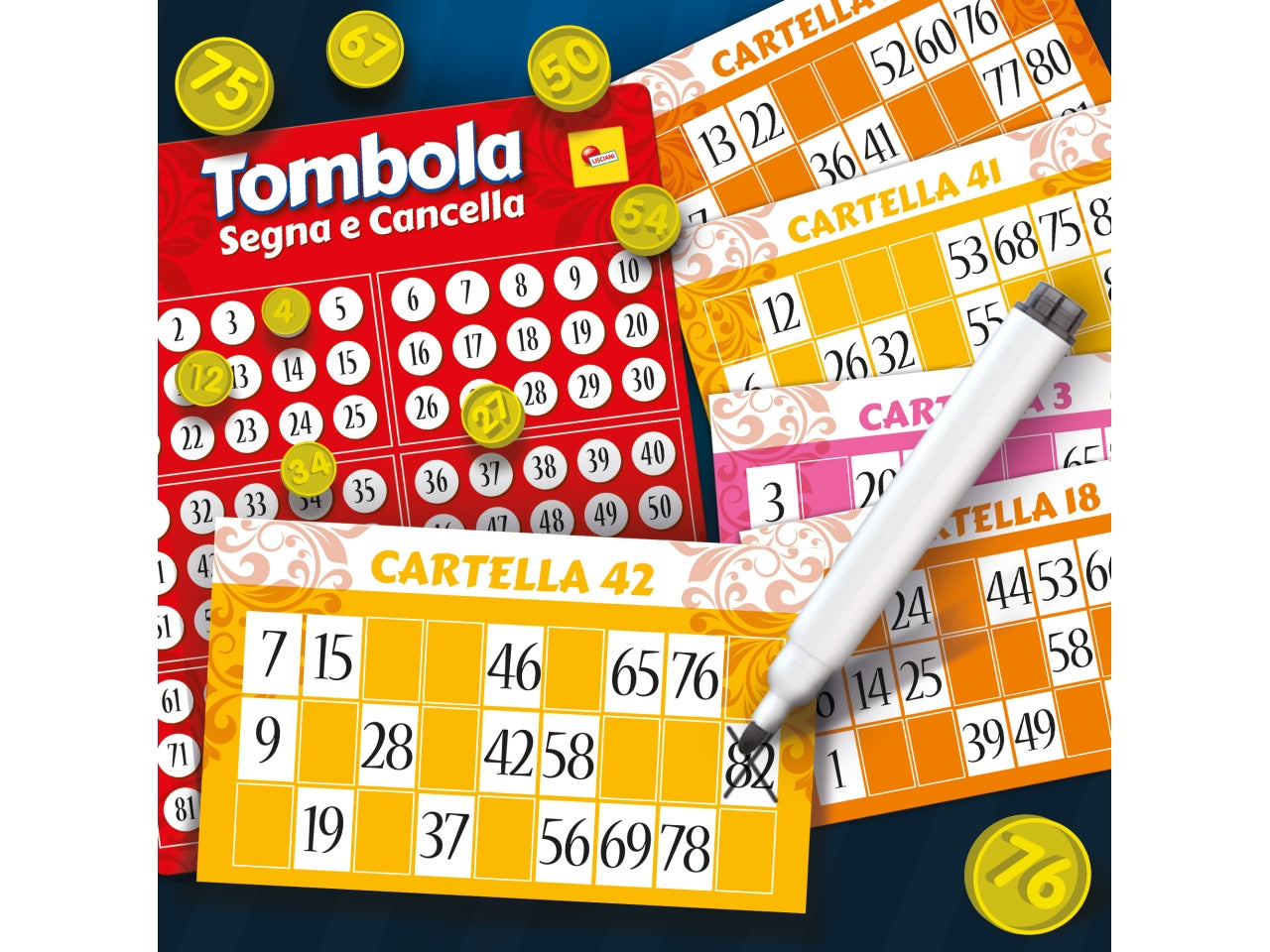 Gioco di Società Ludoteca Tombola Segna e Cancella 48 Cartelle - Multicolor, per Bambini e Adulti 6-99 Anni, Lisciani