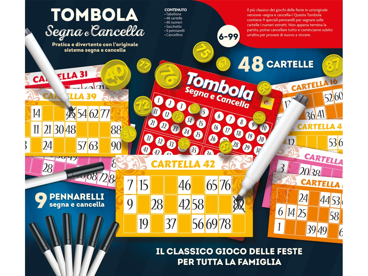 Gioco di Società Ludoteca Tombola Segna e Cancella 48 Cartelle - Multicolor, per Bambini e Adulti 6-99 Anni, Lisciani