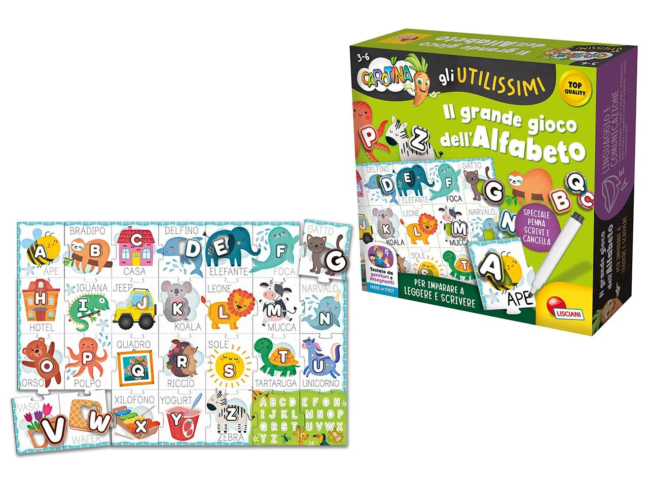 Gioco Educativo Prescolare Carotina Gli Utilissimi Il Grande Gioco dell'Alfabeto - Multicolor, per Bambini 3-6 Anni, Lisciani