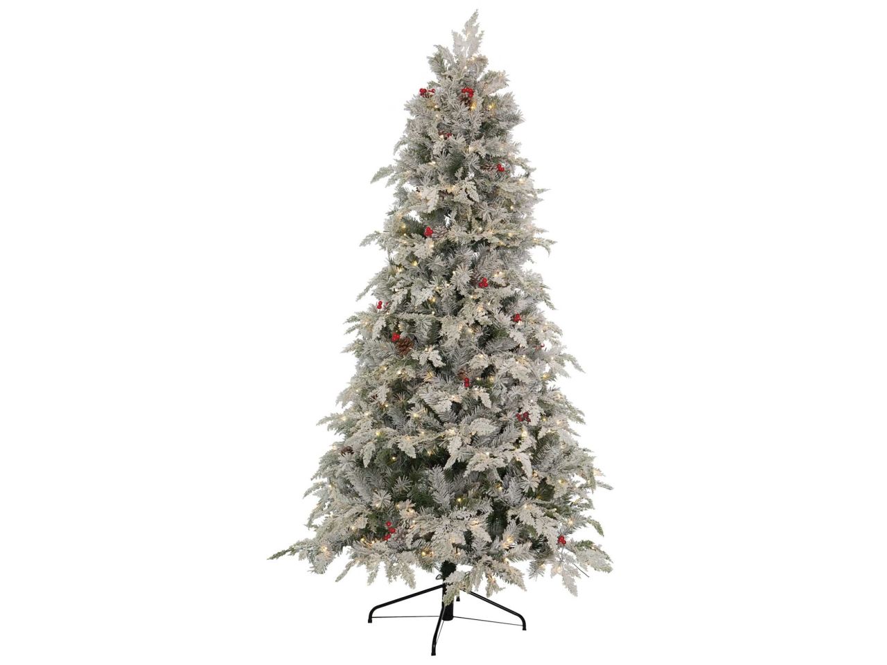 Albero di natale sole 230cm floccato con pigne e bacche 550led 1076 rami luce calda e giochi luce