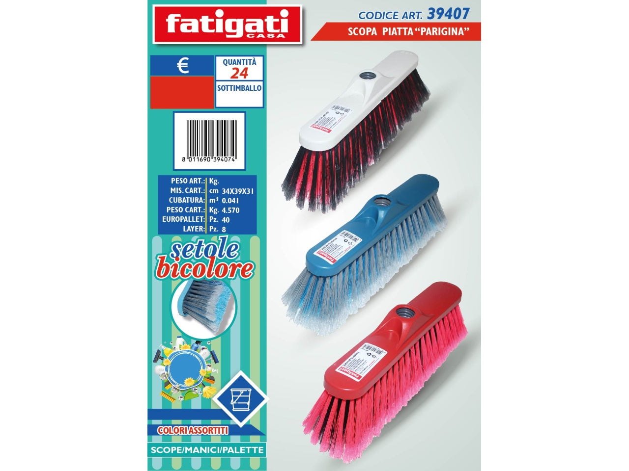 Scopa piatta parigina multicolore in plastica 31x11x4.5 cm - Fatigati