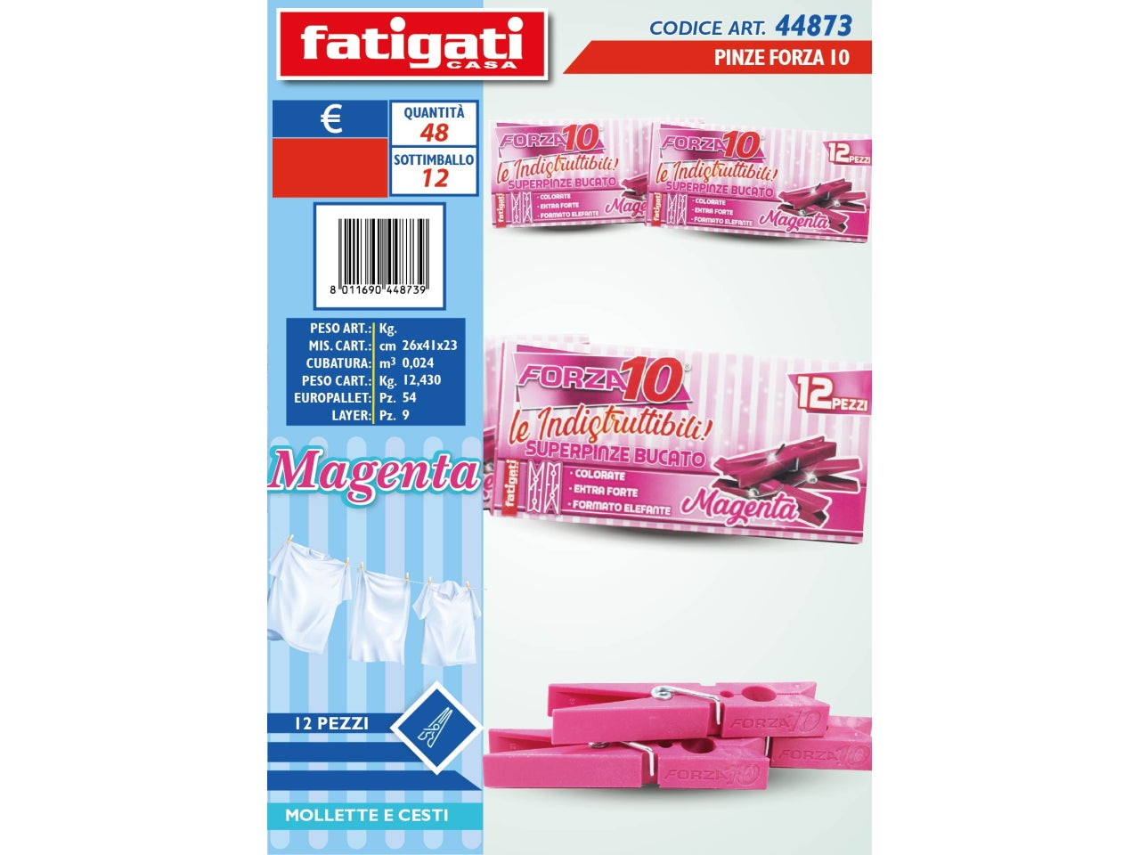 Mollette per bucato in plastica magenta, Forza 10, confezione da 12 pezzi - Fatigati