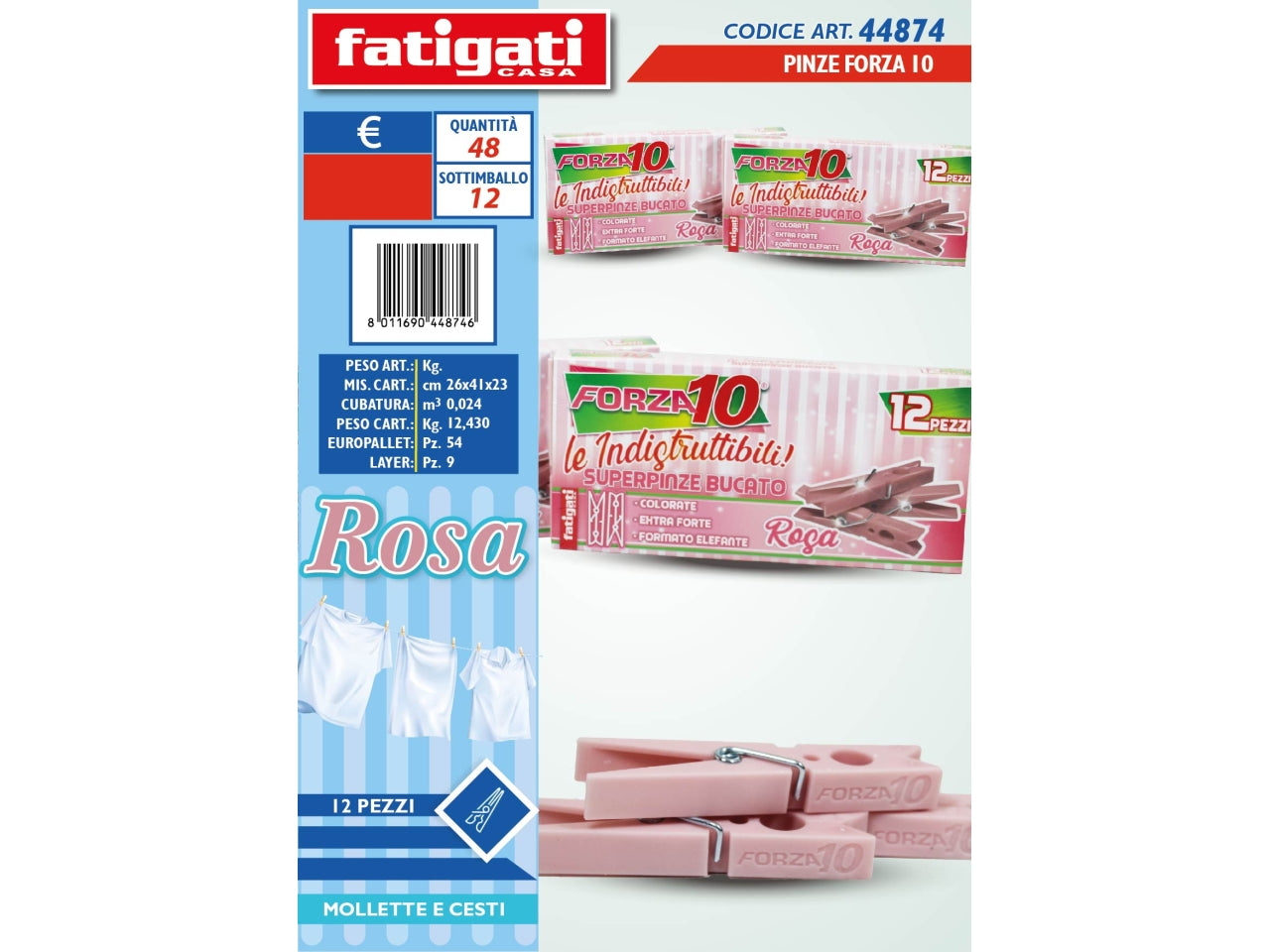 Mollette per bucato in plastica rosa, Forza 10, confezione da 12 pezzi - Fatigati