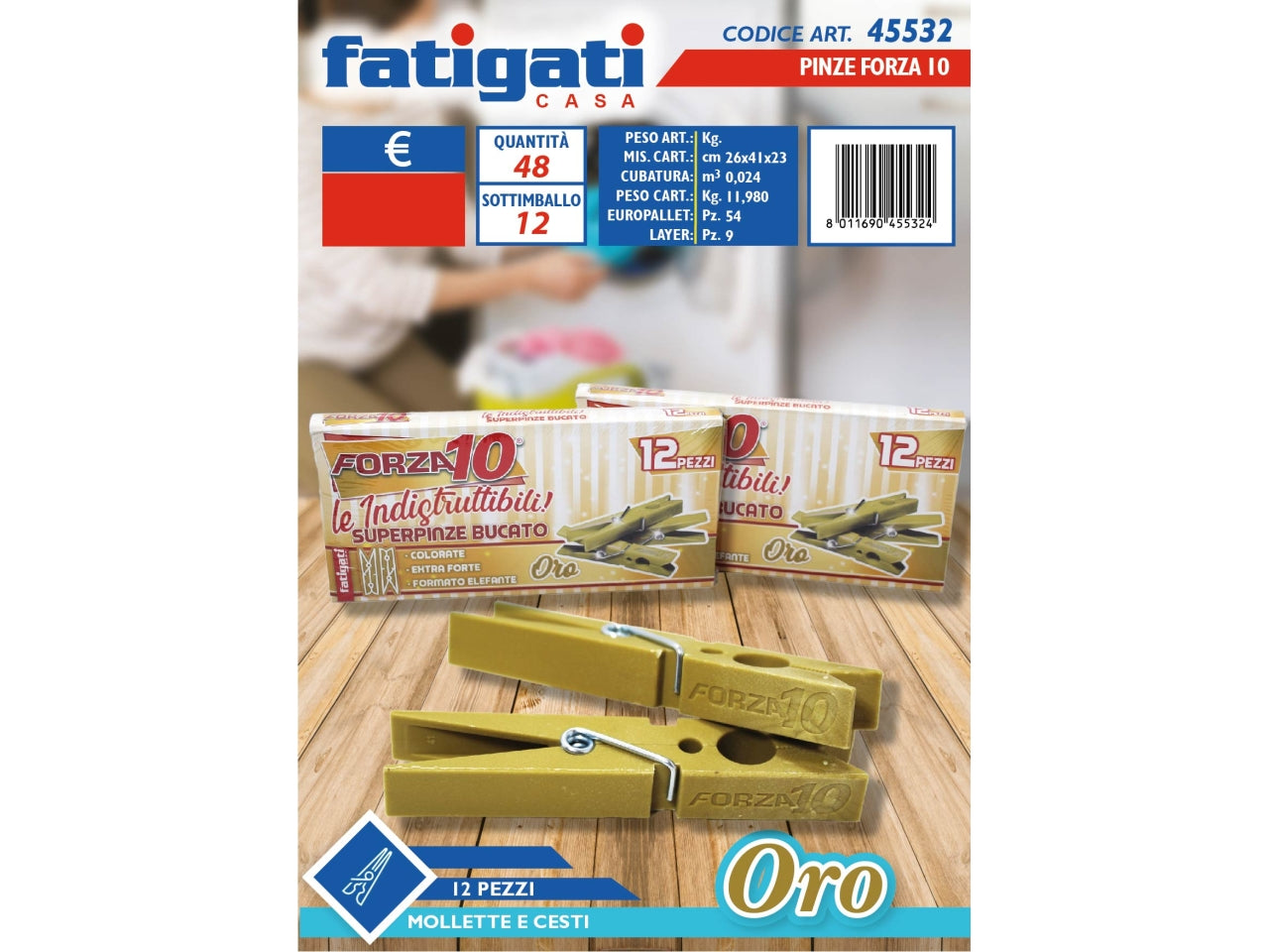 Mollette per bucato in plastica oro, Forza 10, confezione da 12 pezzi - Fatigati