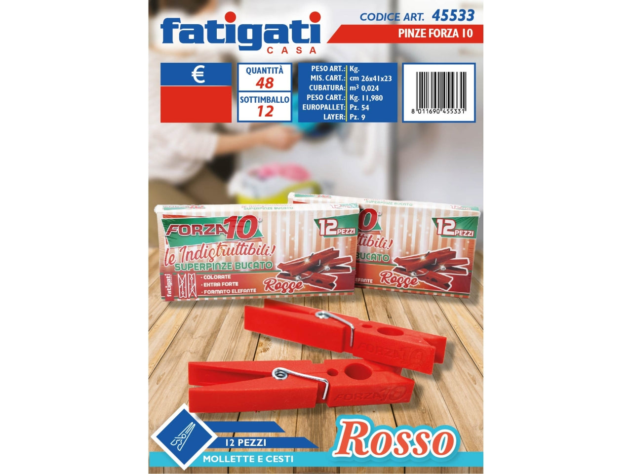 Mollette per bucato in plastica rosso , Forza 10, confezione da 12 pezzi - Fatigati