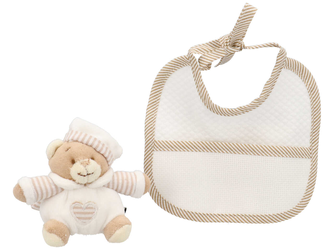 Set bavetta bimbi con peluche panna e tortora con tela aida per ricamo - La Chiocciolina