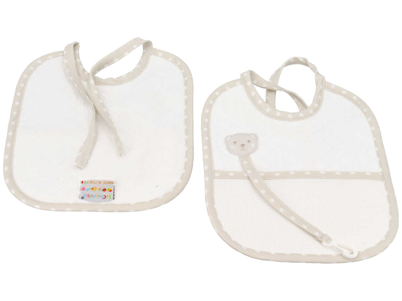 Bavetta per bambini con porta ciuccio in cotone bianco e tortora con gancio portaciuccio e inserto in tela aida per ricamo 19x22 cm - La chiocciolina