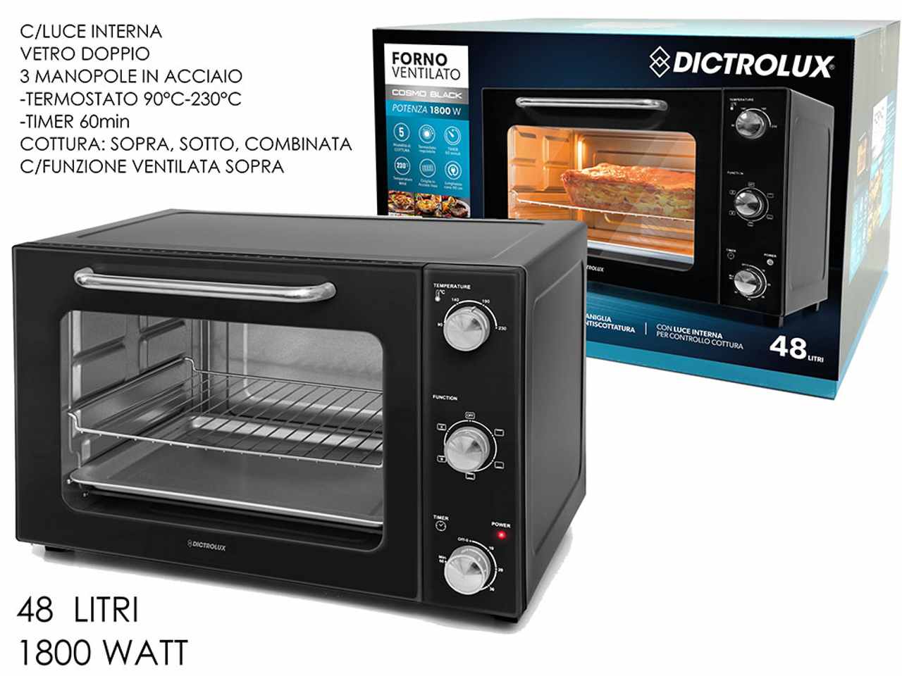 Forno elettrico ventilato cosmo black 48lt 1800w