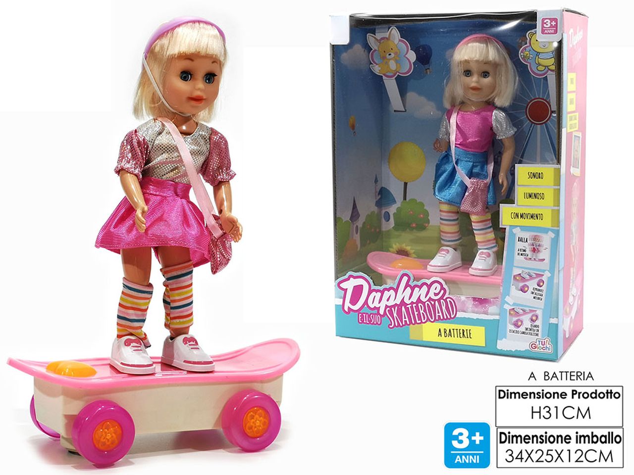 Bambola daphne e il suo skateboard h.31cm con funzionamento a batteria - disponibile in 2 assortimenti