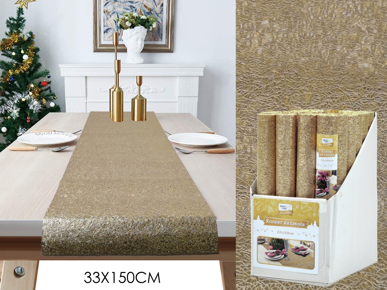 Runner natalizio pvc dorato lavorazione effetto ricamo 33x150 cm - Vestiamo Casa