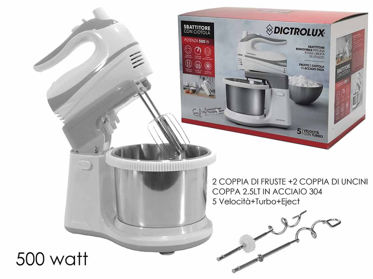 Sbattitore con ciotola girevole in acciaio 500w bianca e grigia
