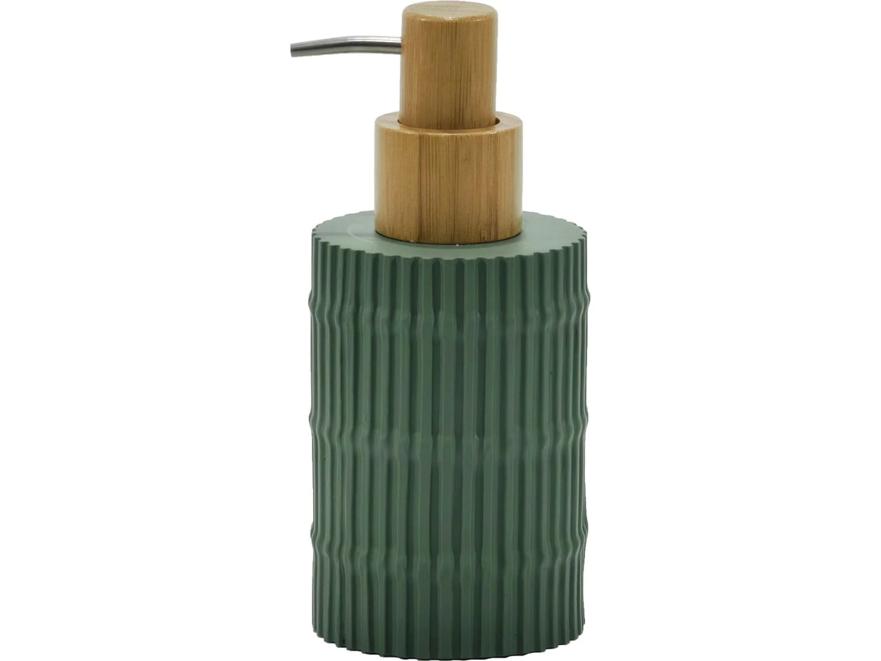 Dispenser Sapone Effetto Bamboo 360 ml in Poliresina - Stile Jungle, Colore Verde con Tappo in Acciaio Inox e Bamboo